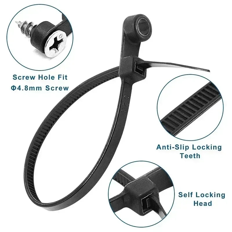 500/100PCS Nylon Cable Ties with Screw Mounting Hole Self Locking Loop Wraps Bundle Fixed Cables Zip Tie Wire Fastening Straps Quake