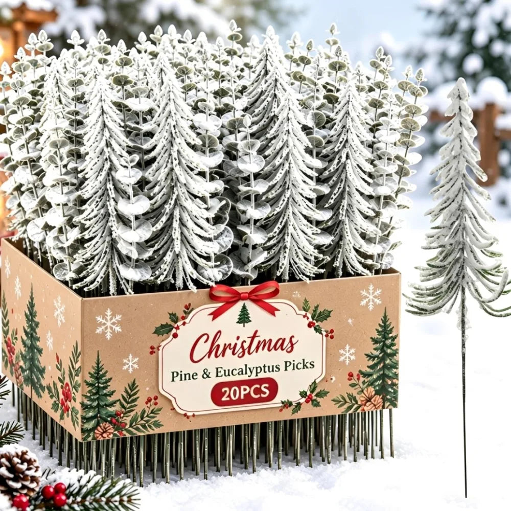 20/1PCS Christmas Artificial Flocked Snow Pine Branches Fake Eucalyptus Leaves DIY Xmas Tree Branch Garland Decor Party Supplies Quake