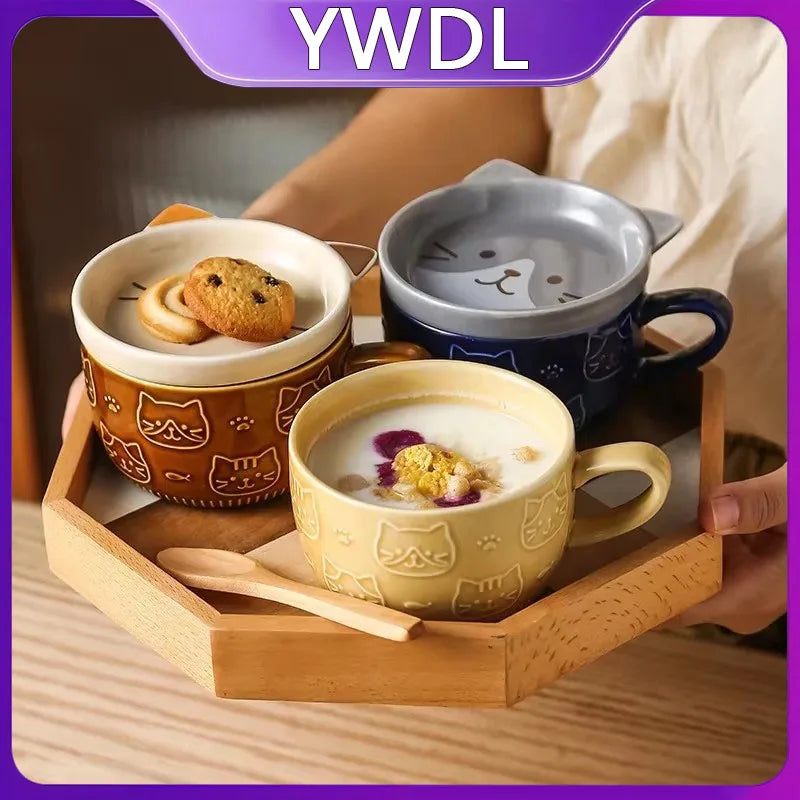 YWDL Japanese Cartoon Cat Coffee Mug With Animal Cat Pattern Lid Small Dish Cute Breakfast Cup Creative Coffee Cup Milk Cup Gift Quake