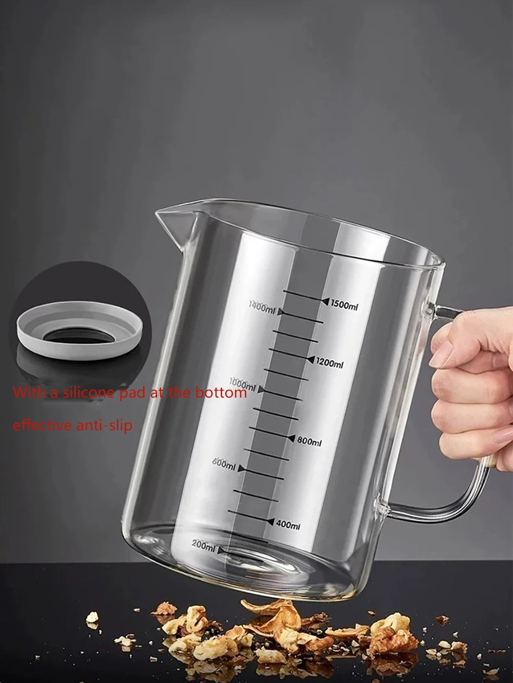 YWDL 1/1.5L High Borosilicate Glass Measuring Cup with Removable Silicone Base Heat Resistant Pitcher with Scale Mark Baking Cup Quake
