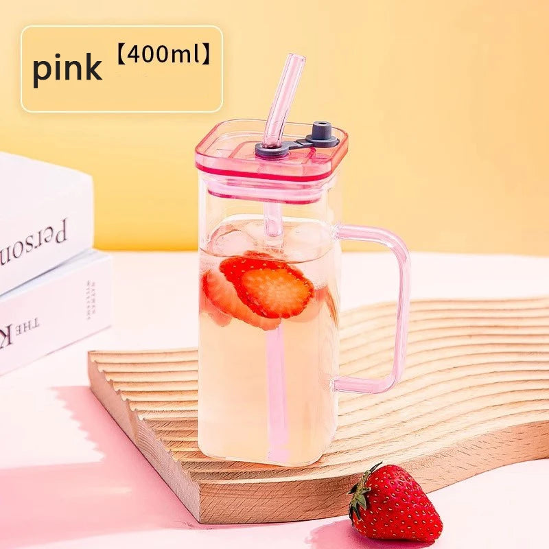 YWDL 350ml Glass Straw Cup With Lid And Straw Iced Coffee Handle Cup Drinking Mug For Juice Milk Tea Quake pink 350ml