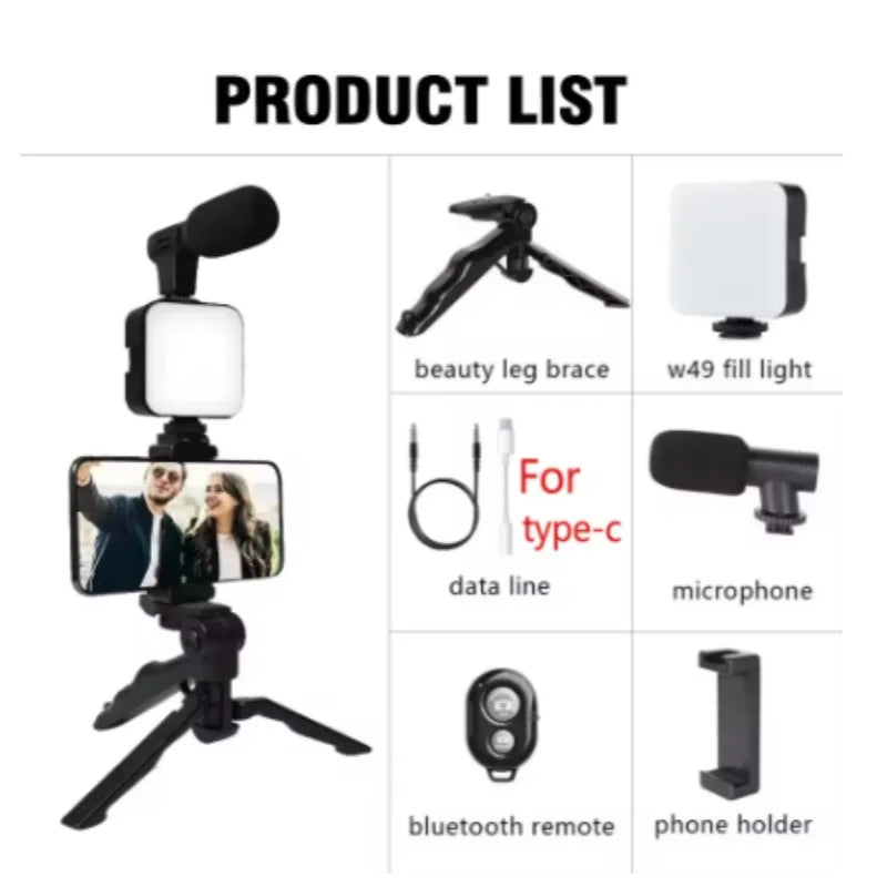 Smartphone Vlogging Kit With Tripod Phone Holder Mini Microphone Fill Light Starter Portable Stabilizer Bracket For Live Stream Quake