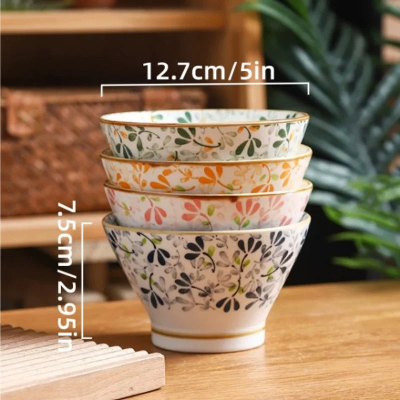 5 Inch Colorful Floral Ceramic Cone Bowls Vintage Japanese Porcelain Rice Soup Bowl Oven Microwave Safe Household Tableware Quake