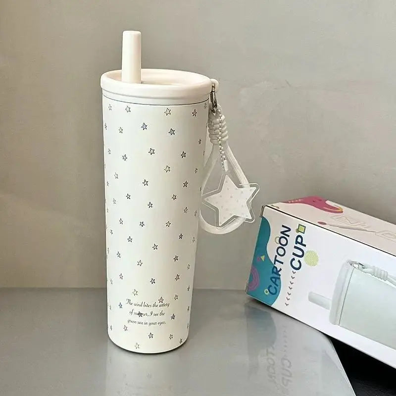 Starry Sky Thermos Cup Stainless Steel Straw Water Bottle High Aesthetic Girl Large Capacity Portable Outdoor Drinking Mug Quake