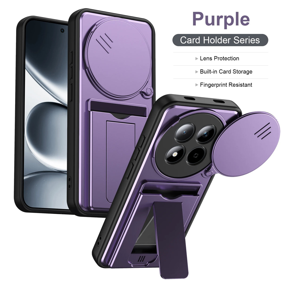 Foldable Stand + Card Holder Phone Case For Redmi NOTE15 PRO 4G Shockproof Hybrid Phone Protector, Soft Hard 2-In-1 Design Quake Purple Redmi note 15 Pro 4G