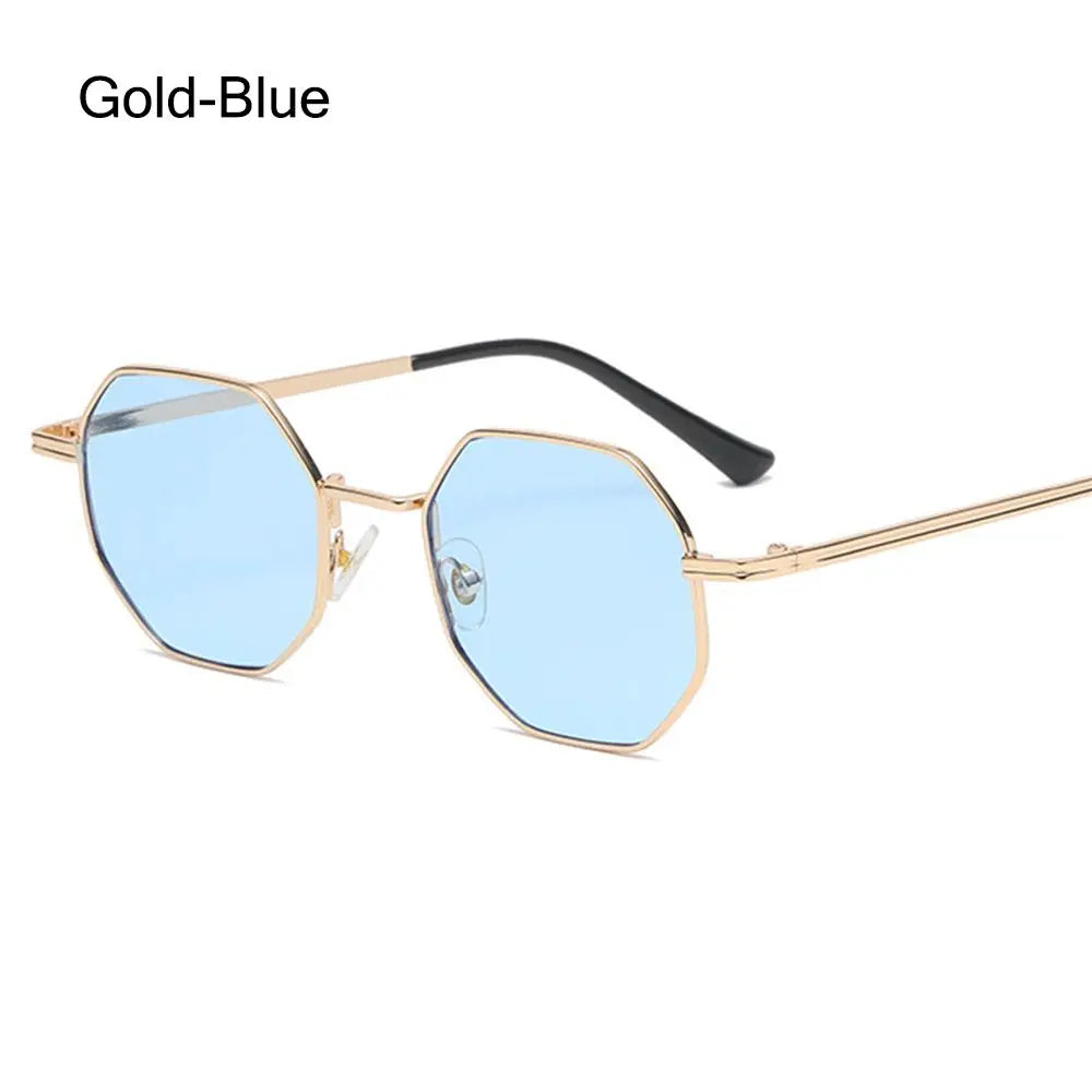 Summer UV Protection Sunglasses Fashion Polygon Sun Glasses for Women Men Trendy Classic Metal Frame Shades Eyewear Quake Gold-Blue