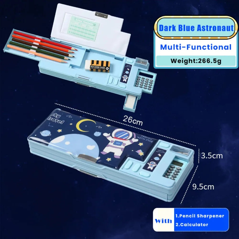 Plastic Pencil Case Fun Mechanism Design Double Sided Use Stationery Storage Box Large Capacity With Calculator/Pencil Sharpener Quake Dark Blue Astronaut