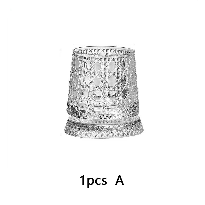 YWDL 360° Rotatable Whiskey Tumbler with Glass Base Embossed Crystal Whisky Glass Spinning Cup for Rum Cocktail Bar Party Gift Quake 1pcs A
