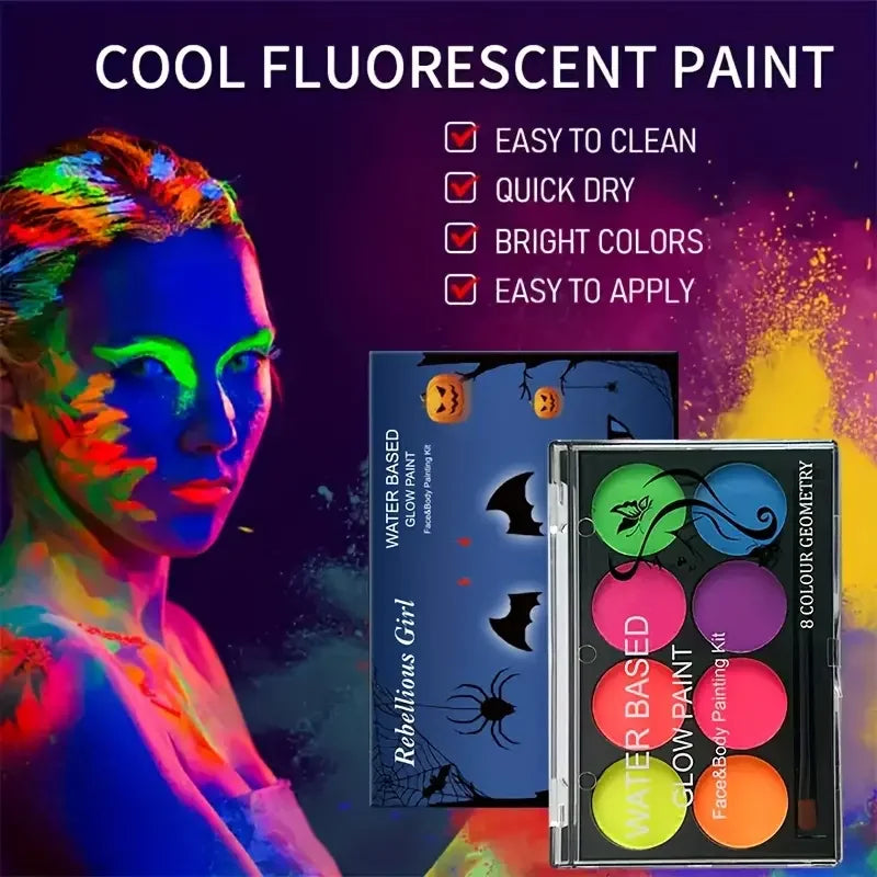 8 Color Water Face Paint Kit Fluorescent Neon Body Paint Glow Dark Fast Dry Body Skin Cosplay Makeup With Stencil And Brush Quake