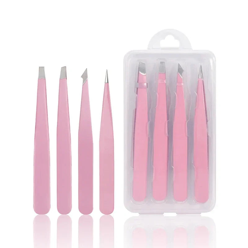 Eyebrow Tweezer Hair Beauty Fine Hairs Pink 2/4Pcs High-QualityPuller Stainless Steel Slanted Brow Clips Removal Makeup Tools Quake Pink 4 pcs