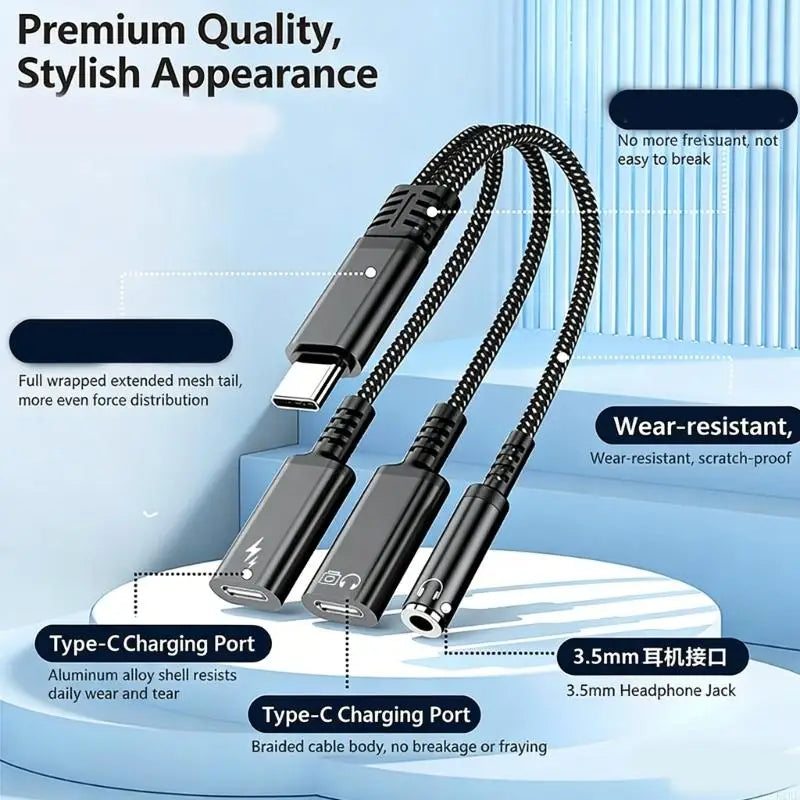 MultiFunction USB C to 3.5mm Headphone &Charging Adapter Cable Supports 3.5mm Headphone OTG Data Transfer PD60W Charging K1KF Quake