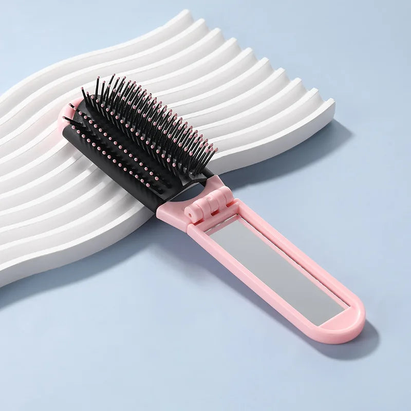 Portable Travel Foldable Comb Anti-static Massage Comb with Mirror Girls Styling Small Folding Brush Special for Real Hair Wigs Quake Pink