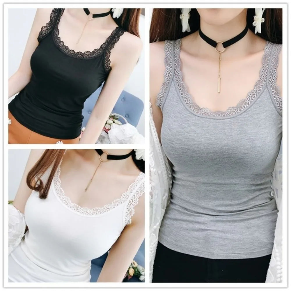 Casual U Neck Summer Tank Tops Sleeveless Slim Fitted Tops With Lace Underwear Cami Top Shirt for Women Quake