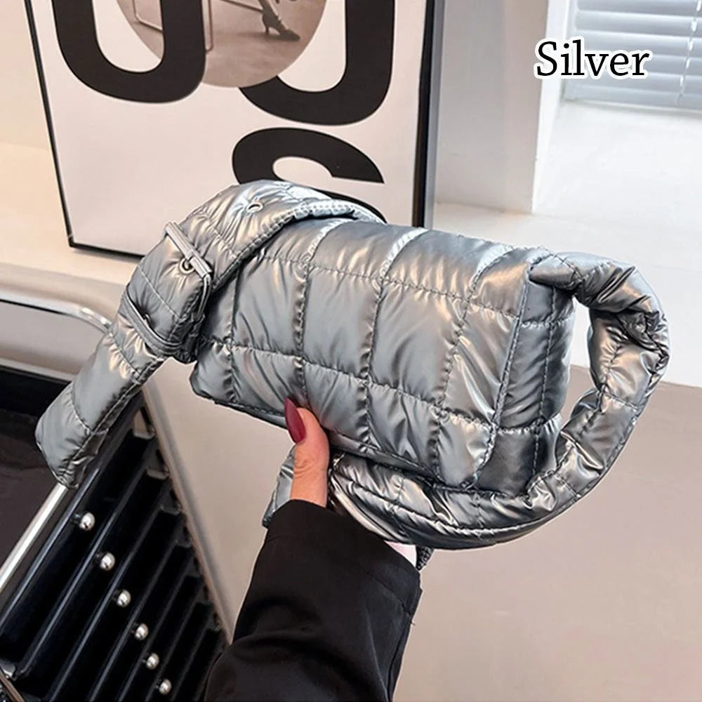 Fashion Quilted Tote Bag Winter Lightweight Warm Down Cotton Padded Plaid Shoulder Bags Women Underarm Bags Puffy Handbags Quake silver