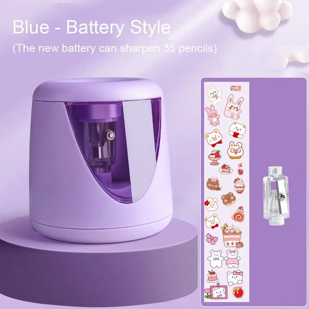 with Decorative Sticker Cartoon Creative Stationery Mechanical Tool Electric Pencil Sharpener Switch Automatic Quake Blue-Battery
