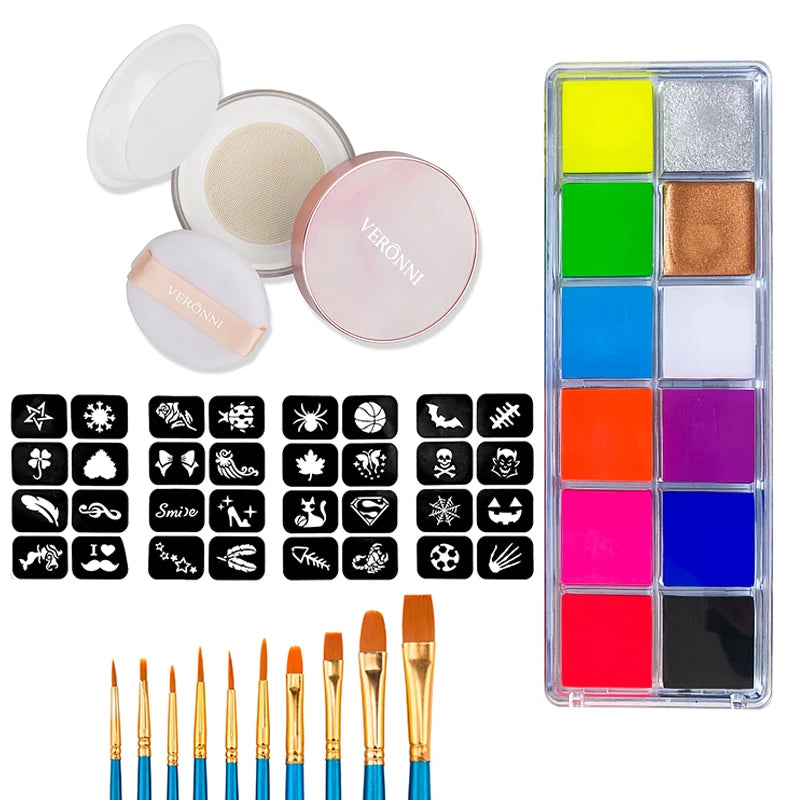 Blacklight UV Glow Paint 12 Colors Fluorescent Neon Oil Face Body Paint Palette Loose Powder Party Cosplay Makeup Cosmetics Quake 4pcs-10brush-02