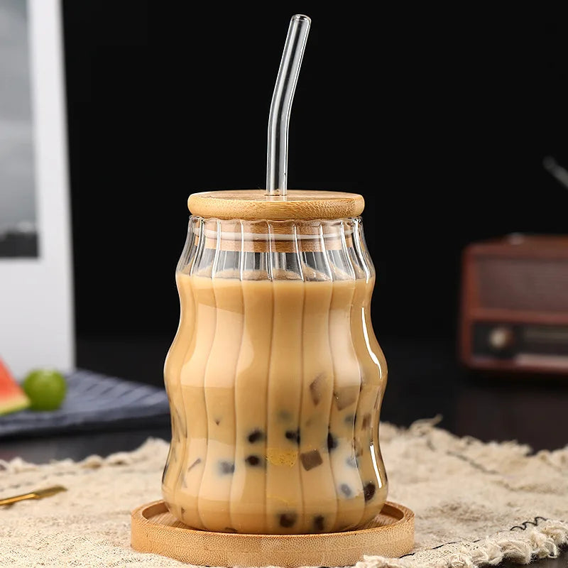 YWDL 1/2pcs 500ml Glass Tumblers Cups With Straw Mason Jar Clear Juice Coffee Milk Cup With Bamboo Lids Drinkware Quake
