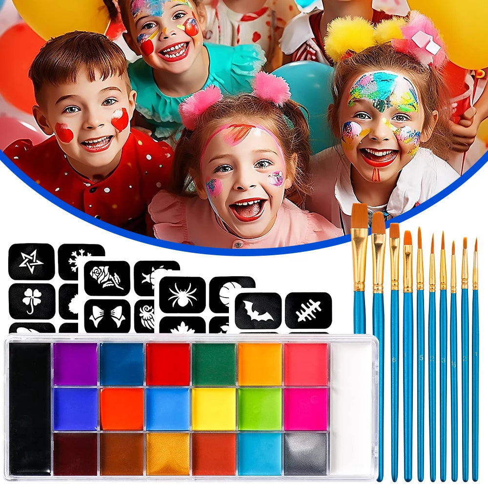 20 Color Face Body Paint Palette,10 Brush + 4 Paint Stencils Ideal for Halloween Cosplay Party SFX Stage Makeup Painting Kit Quake
