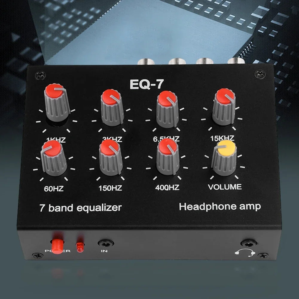 DC5V-12V Audio EQ-7 Audio Signal Preamplifier 7 Band Equalizer Adjust High School Bass Sound Phone Computer Headphone Amplifier Quake
