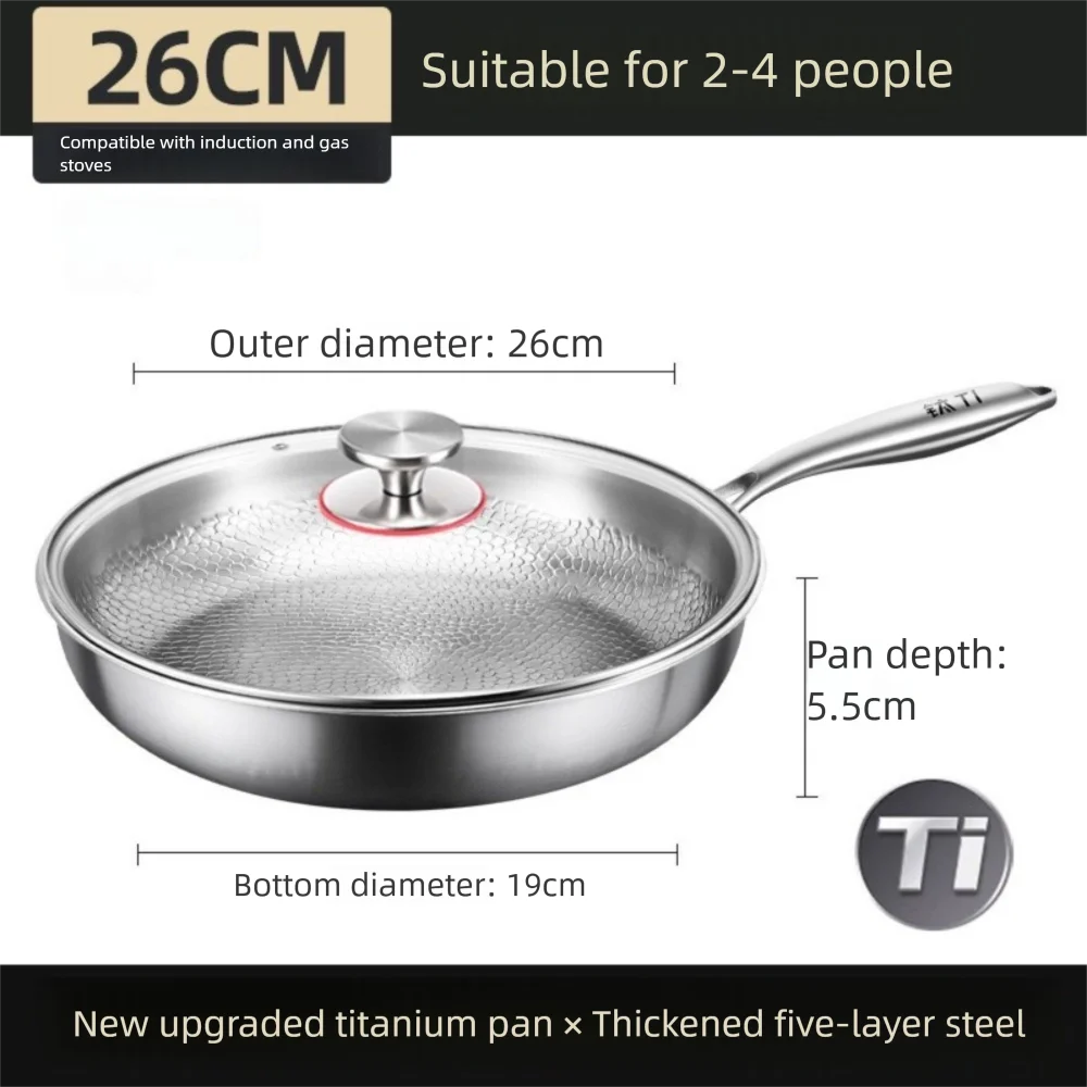 26/28/30/32cm Titanium Frying Pan Uncoated Non Stick Steak Frying Pan Thickened Fish Scale Hammer Pattern Kitchen Cookware Quake 26cm with Lid
