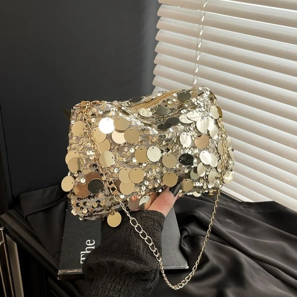 Casual Sequin Shoulder Bag Lightweight Large Capacity Chain Crossbody Bag Solid Color Female Handbag For Evening Party Quake