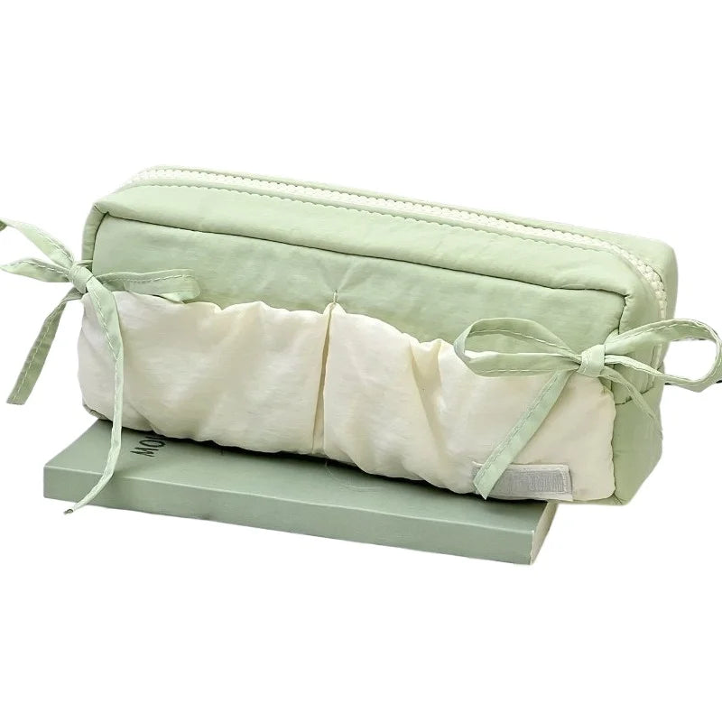 Small Fresh Cloud Toast Bow High Beauty Student Pen Case Multi Functional Large Capacity Storage Bag Quake green