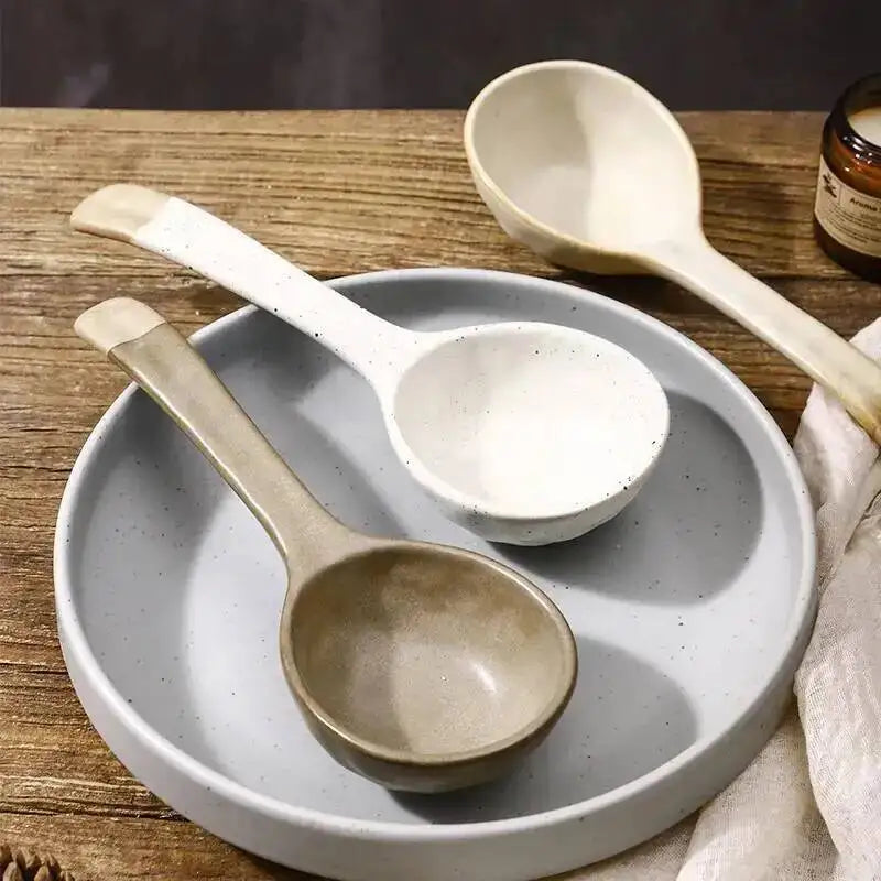 Rustic Ceramic Serving Spoon Long-handled Soup Spoon Large Spoon Ceramic Tableware Quake