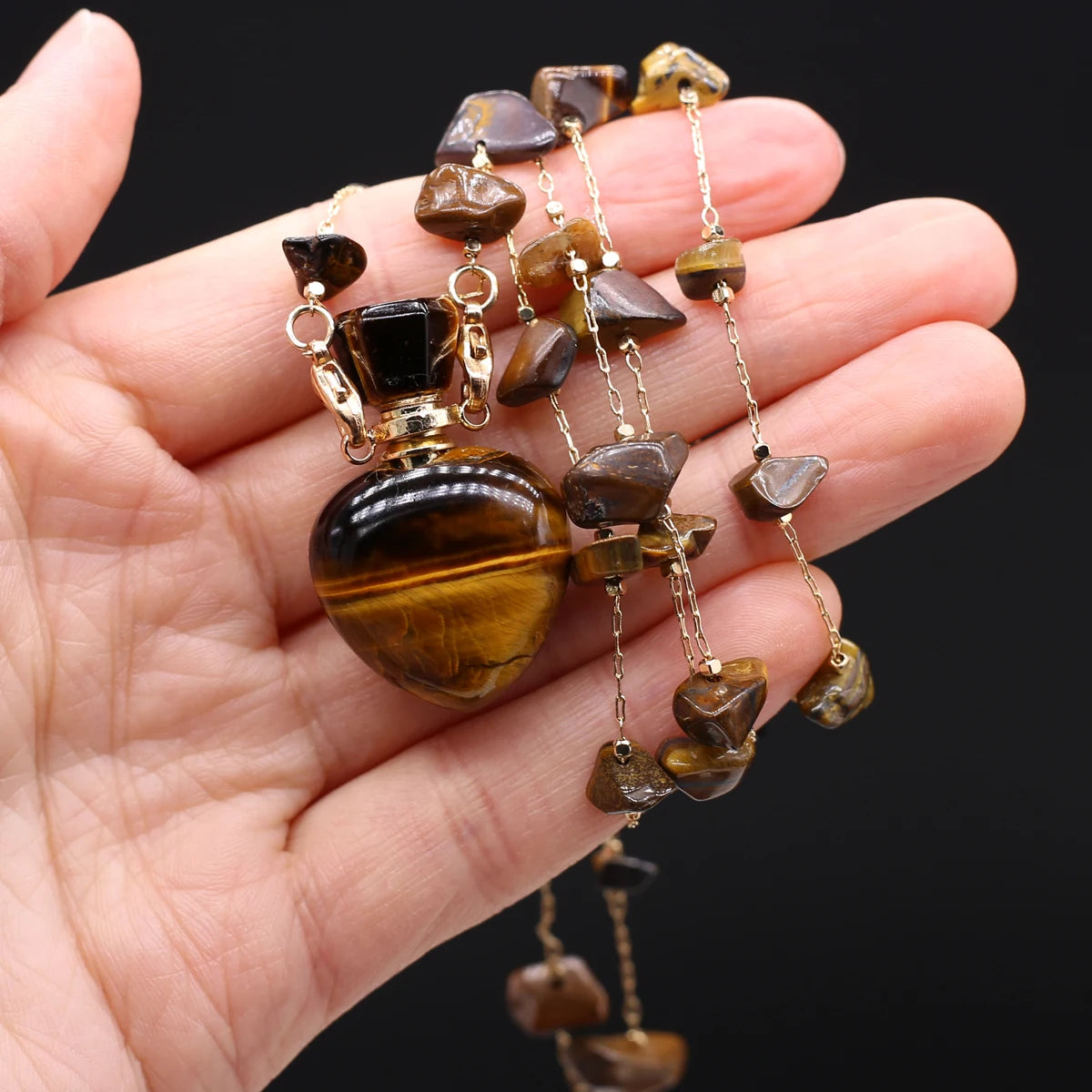 Perfume Bottle Necklace Natural Stone Tiger Eye Perfume Bottle Pendant For Women Christmas Halloween Gift Chain 80cm Quake 22x37x12mm