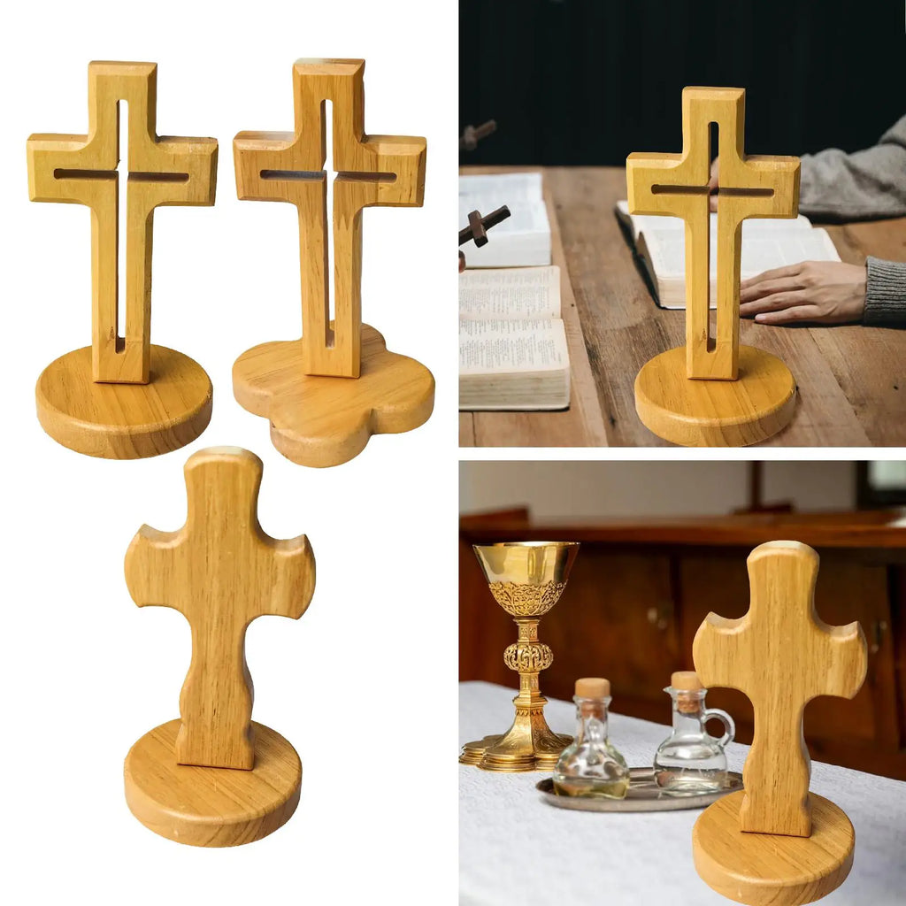 Wooden Standing Cross Centerpiece Rustic Art Ornament for Desk and Table in Modern Home Decoration Quake