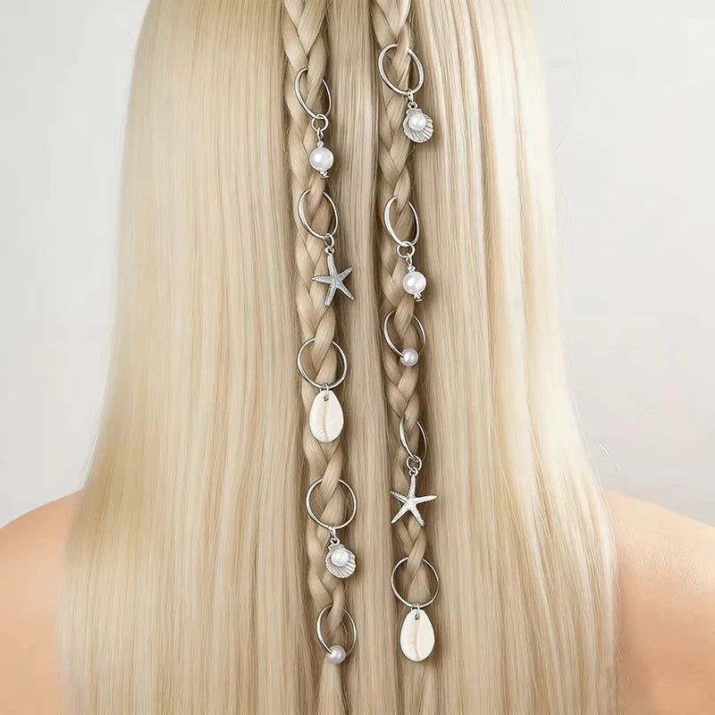 10PCS/Bohemian Resort Wind Alloy Starfish Headgear Shell Pearl Hair Accessories Multi-piece Set Ring Ladies Hair Band Quake