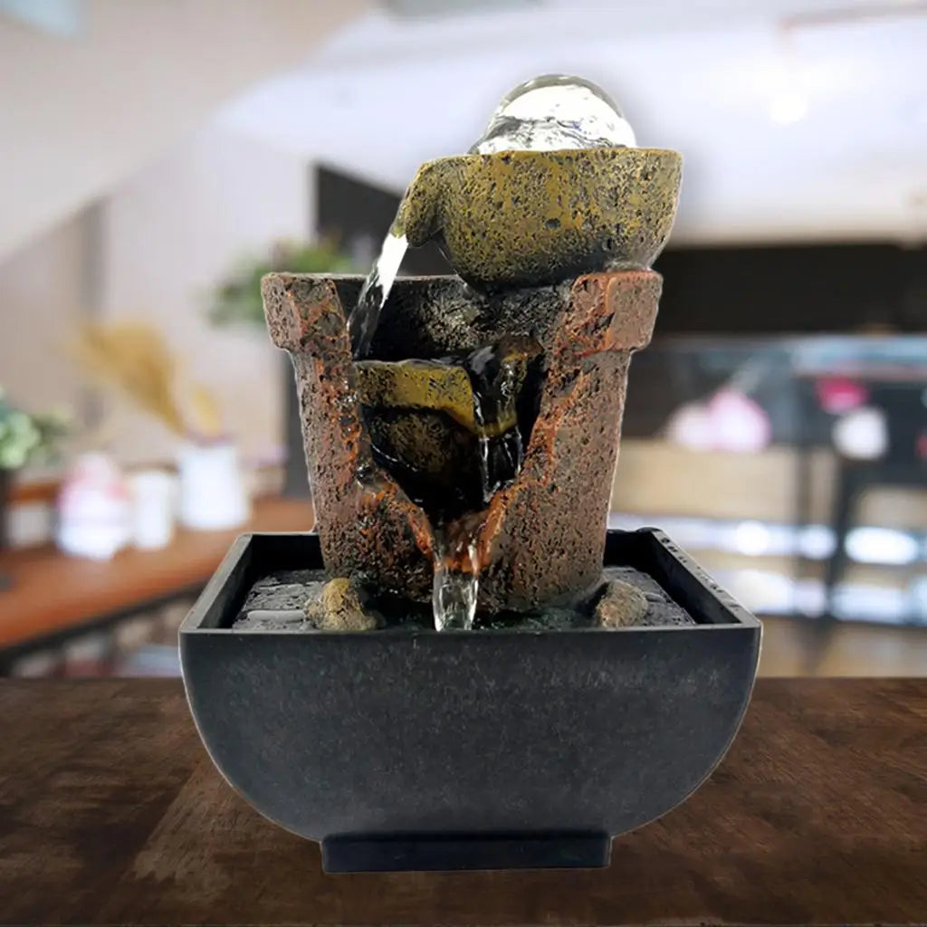 Tabletop Water Fountain Meditation w/ Lights Office Bedroom Decoration Arts Quake Style 8