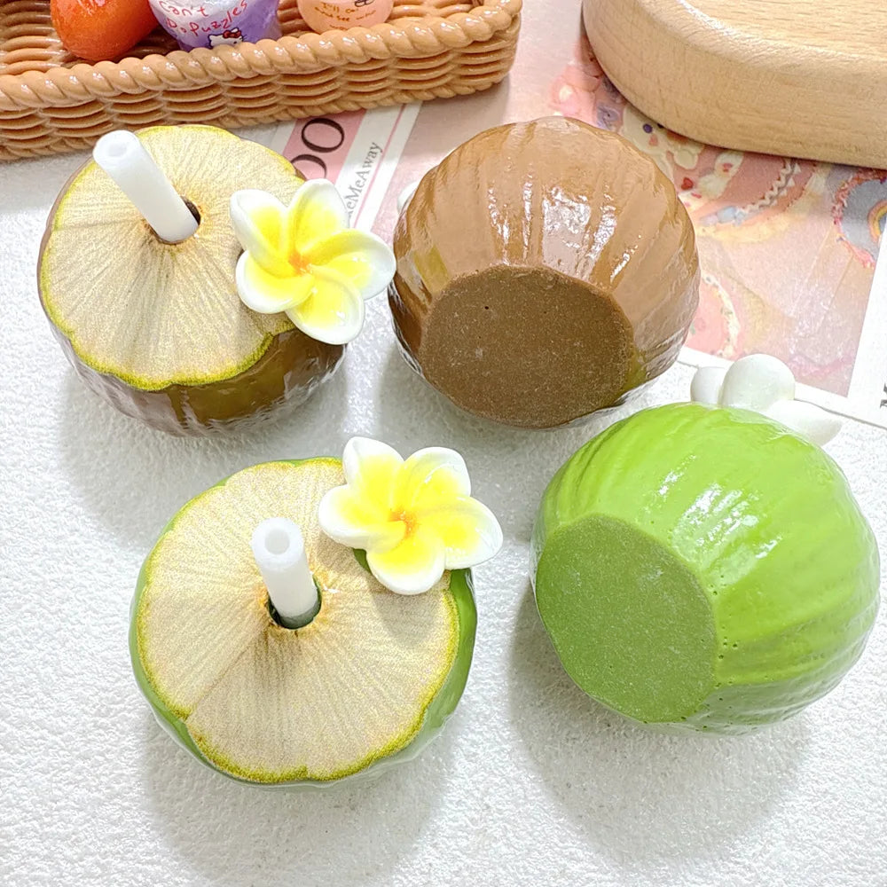 5Pcs Simulated Miniature 3D Food Play Coconut Juice Resin Ornaments Green Brown For Phone DIY Hairpin Jewelry Making Accessories Quake