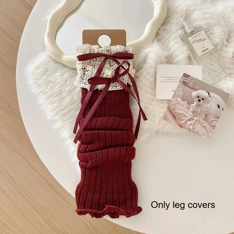 1 pair Y2K Lace Ribbon Leg Warmers Women Autumn Winter Ballet Style Lolita Knee Warmers JK Knitted Long Stockings Quake wine red One Size