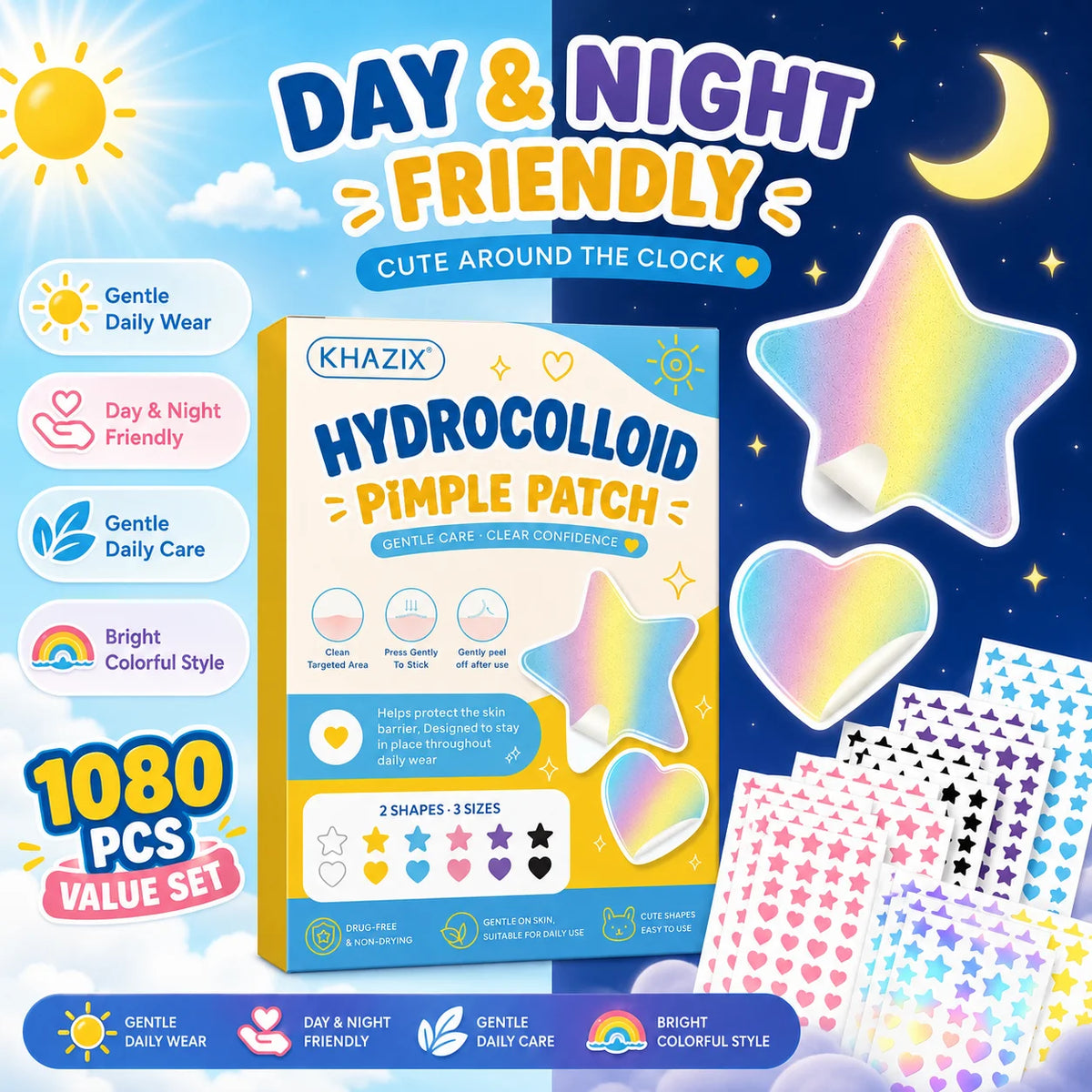 216/1080pcs Star Pimple Patches For Face Hydrocolloid, Absorbing Cover, Tea Tree, Hydrocolloid Acne Patch, Cute Star Pimple Quake