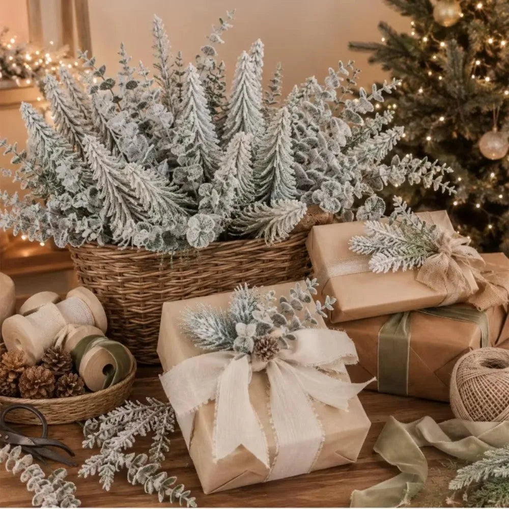 20/1PCS Christmas Artificial Flocked Snow Pine Branches Fake Eucalyptus Leaves DIY Xmas Tree Branch Garland Decor Party Supplies Quake