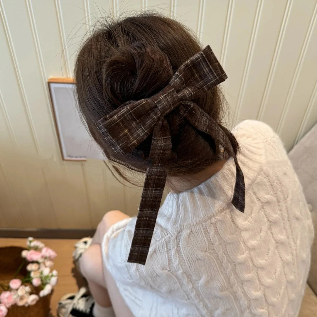 Vintage Plaid Print Bow Hairpins Women Girls Hair Clips Claw Elegant Barrettes Accessories Hairclip Headdress Headwear Ornament Quake