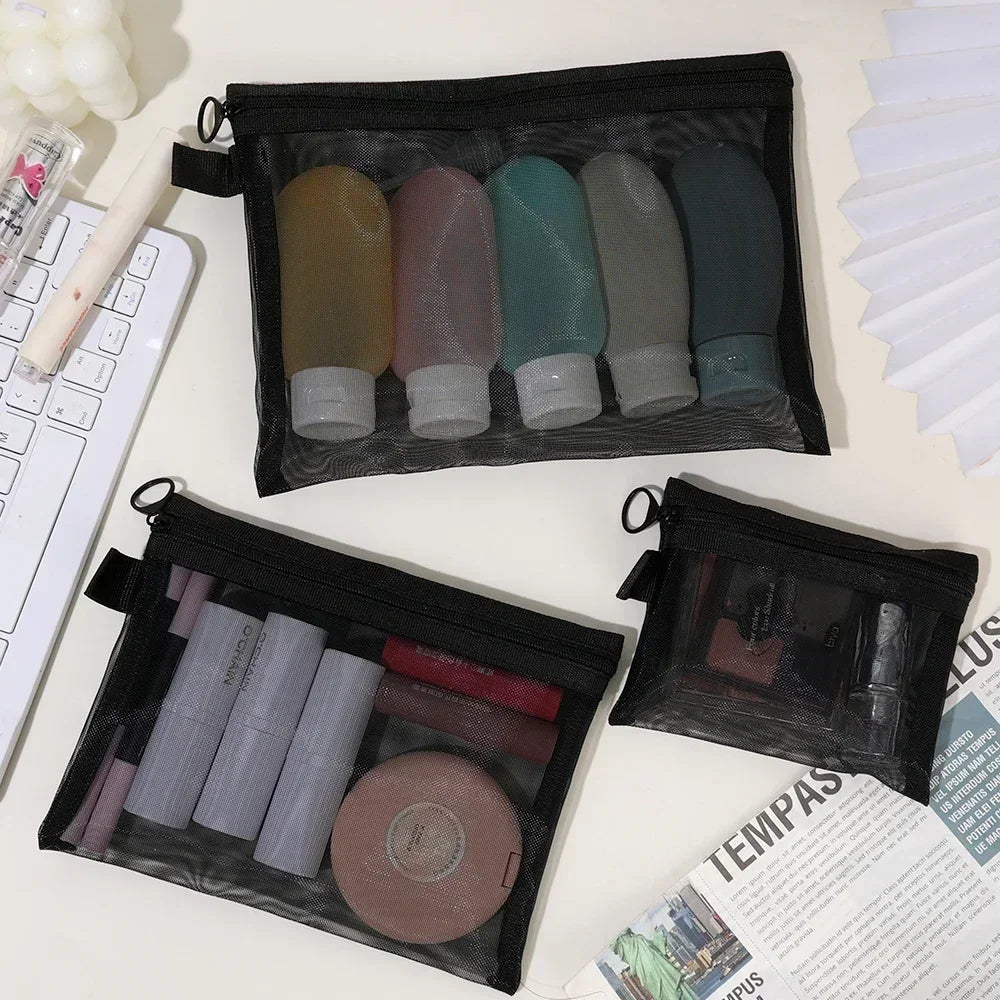 12/1PCS Black Mesh Cosmetic Bag Large Capacity Transparent Makeup Bag Portable Travel Toiletry Organizer Lipstick Storage Pouch Quake S M L Mixed 12PCS