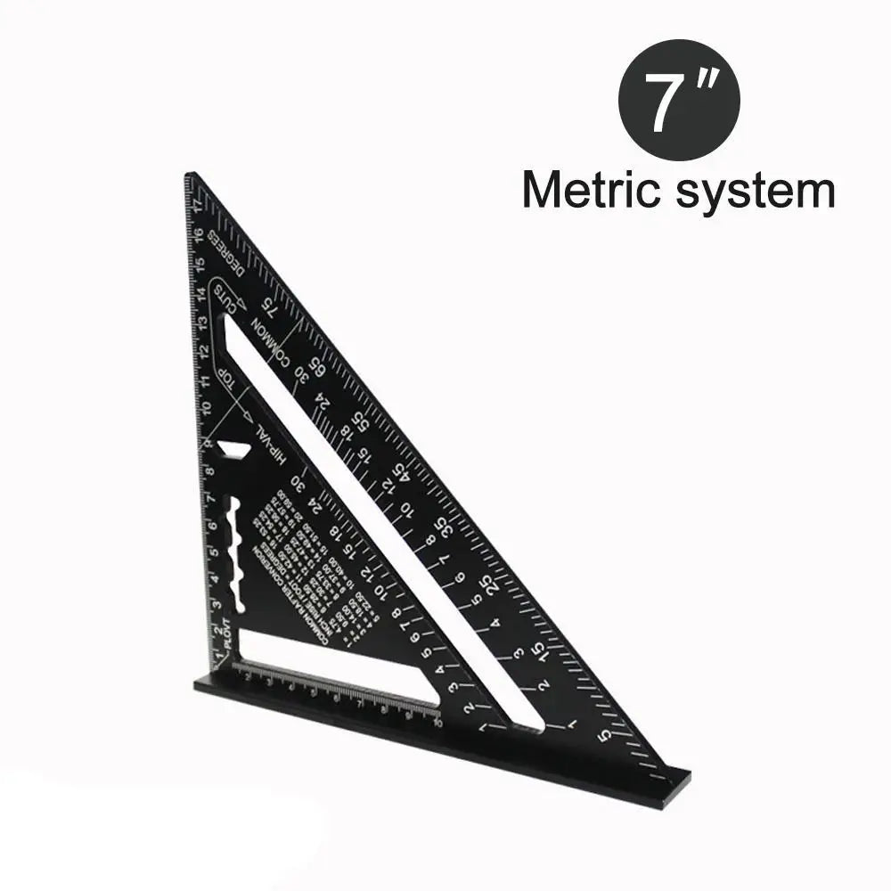 New 7Inch Triangle Ruler Measurement Tool Aluminium Alloy Carpenter Tools Inch Metric Angle Ruler Speed Square Woodworking Tools Quake black-metric