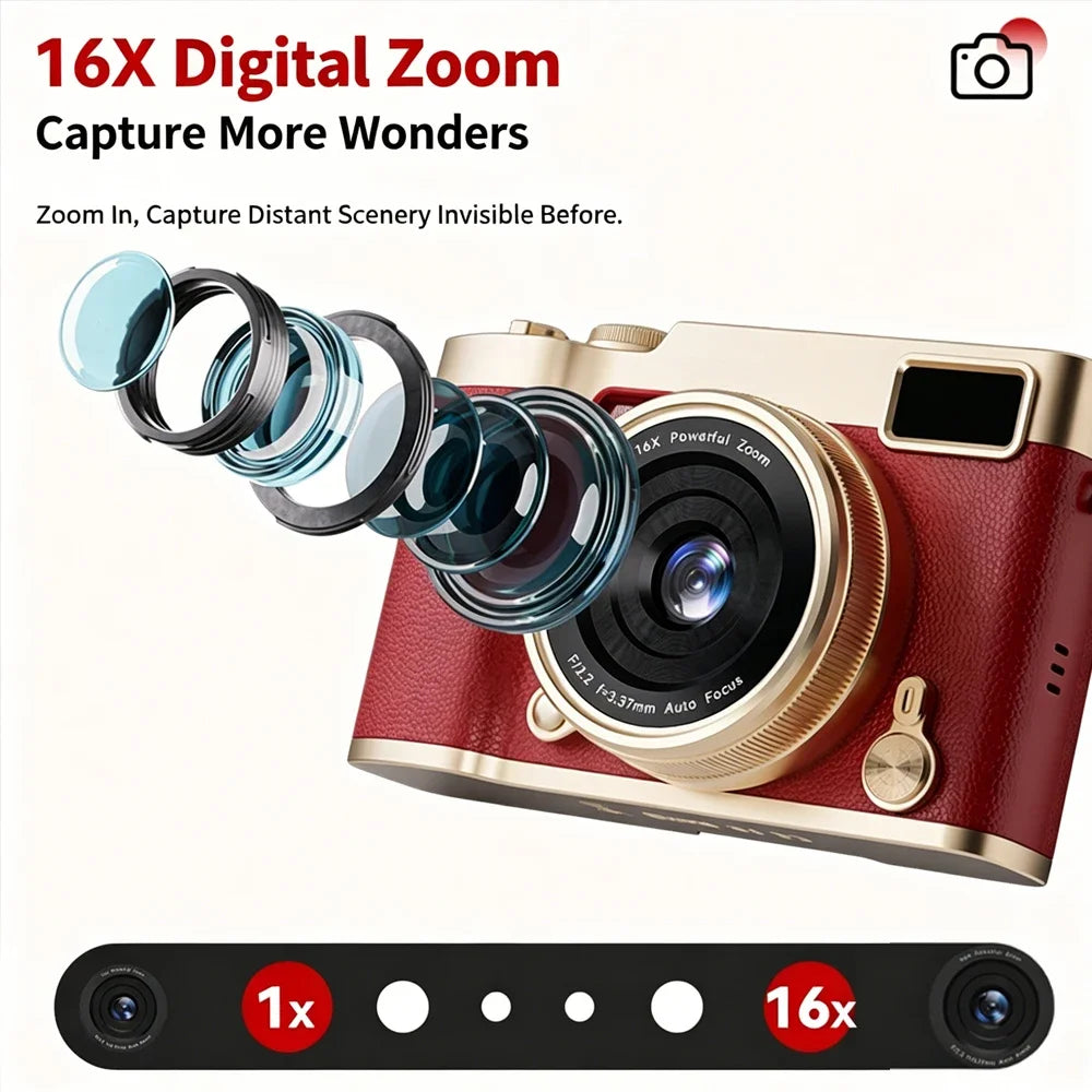 16X Digital Zoom Student Digital Camera 4800W Pixel Portable Digital Photography Camera 180 Flip Screen Selfie Camera Gifts Quake