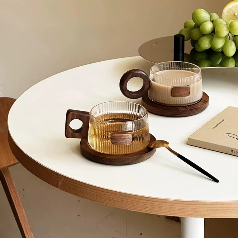 Walnut Coffee Cup Ins with Antique Style Solid Wood Handle and High Borosilicate Glass Milk Cup Quake