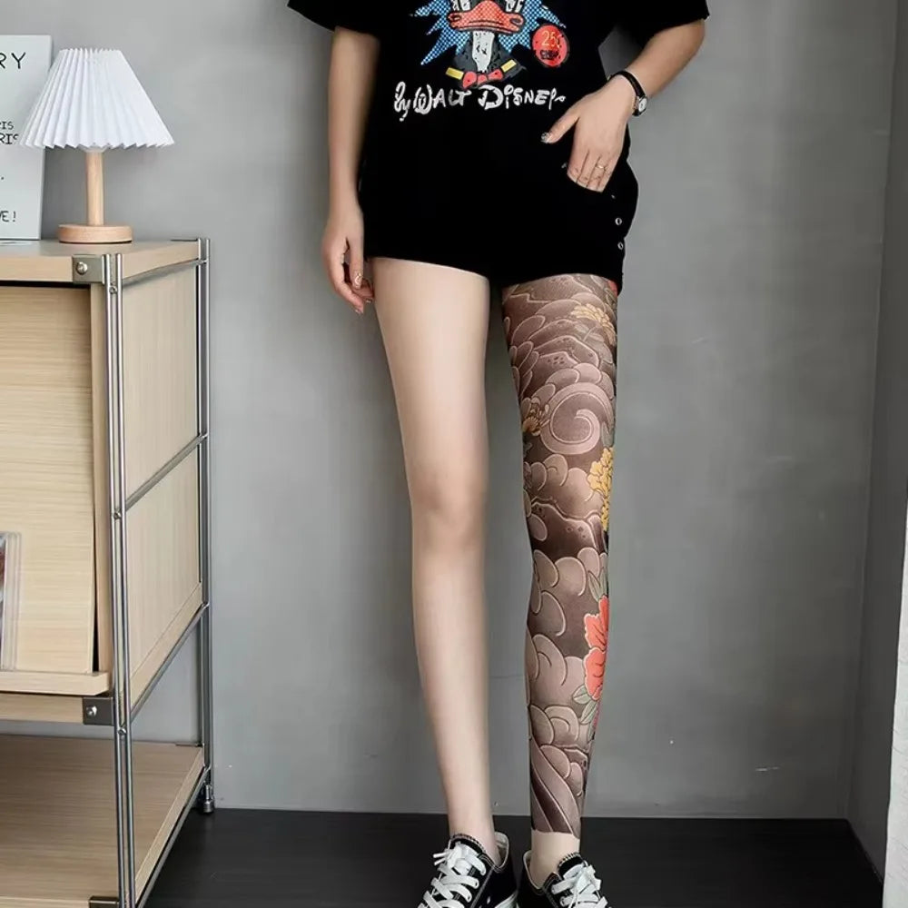 New Sexy Printed Women's Tights Stockings Perspective Mesh Peony Pantyhose Fake Tattoo Leggings Nylon Socks Summer Quake