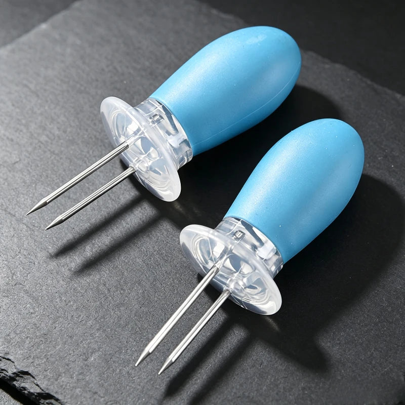 A pair Corn Holders Stainless Steel Corn Skewers Heat Insulation Anti‑scald Handle Outdoor Camping Barbecue Kitchen Accessory Quake