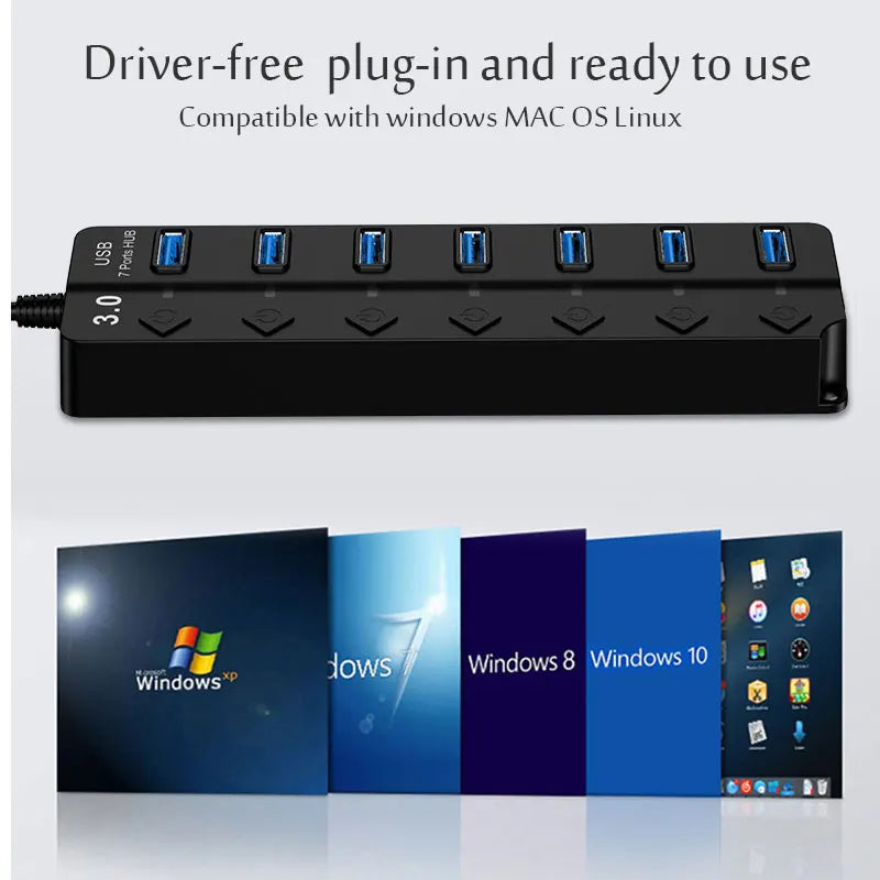 USB 3.0 Hub Multi USB Splitter Hub Use Power Adapter 4/7 Port Multiple Expander USB 3.0 Hub with Switch 30CM Cable Quake