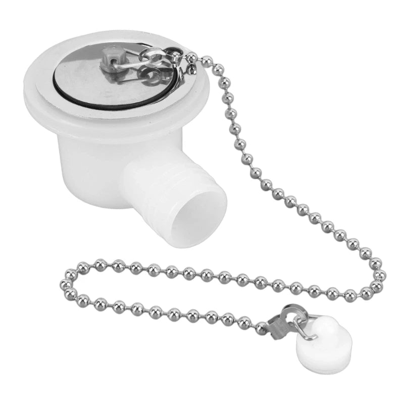 Trailer Boat Sink Drain Assembly with Angled Side Outlet, Plastic Body and Stainless Trim, Drain Cap Chain Set for Mobile H8WE Quake CN
