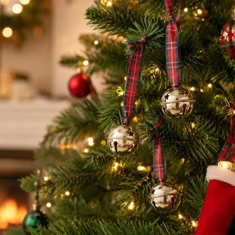 Christmas Tree Bell Pendant Red Green Checkered Ribbon Bell Christmas Wreath Hanging Ornament DIY Festival Party Home Decoration Quake