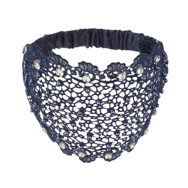 Elegant Floral Lace Bead Headband Polyester Hollow Headband with Elastic Bands Dress Up Hair Accessory Set Pattern Solid Color Quake