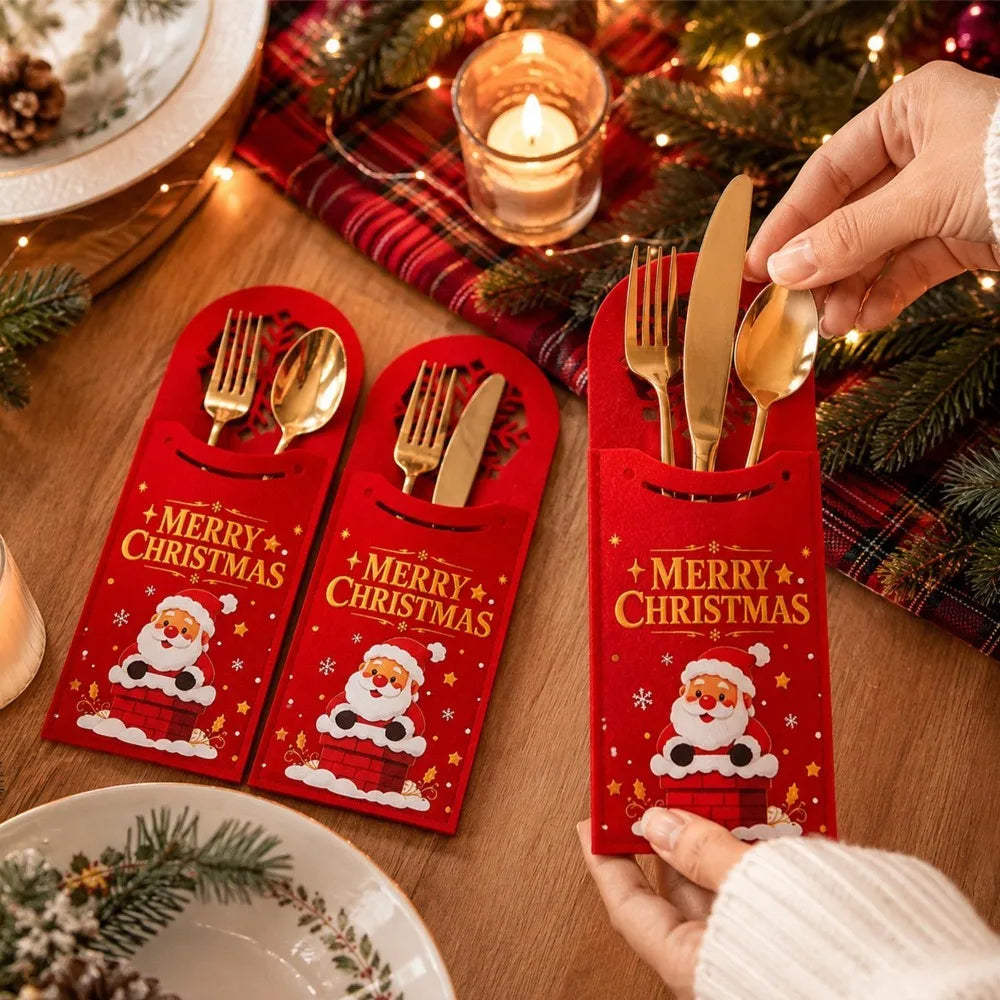 10/1PCS Felt Christmas Cutlery Holder Hollow Santa Claus Snowflake Pouch Xmas Fork Knife Spoon Bags Festive Table Decor Supplies Quake