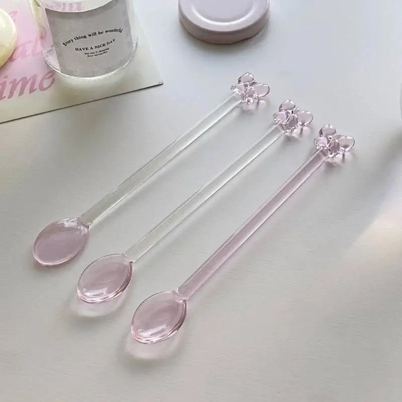 1/2Pcs 15cm Pink Bow Glass Coffee Spoon, Long-handled Dessert/milk Tea Stirring Spoon, Heat-resistant Teaspoon, Kitchen Tool Quake