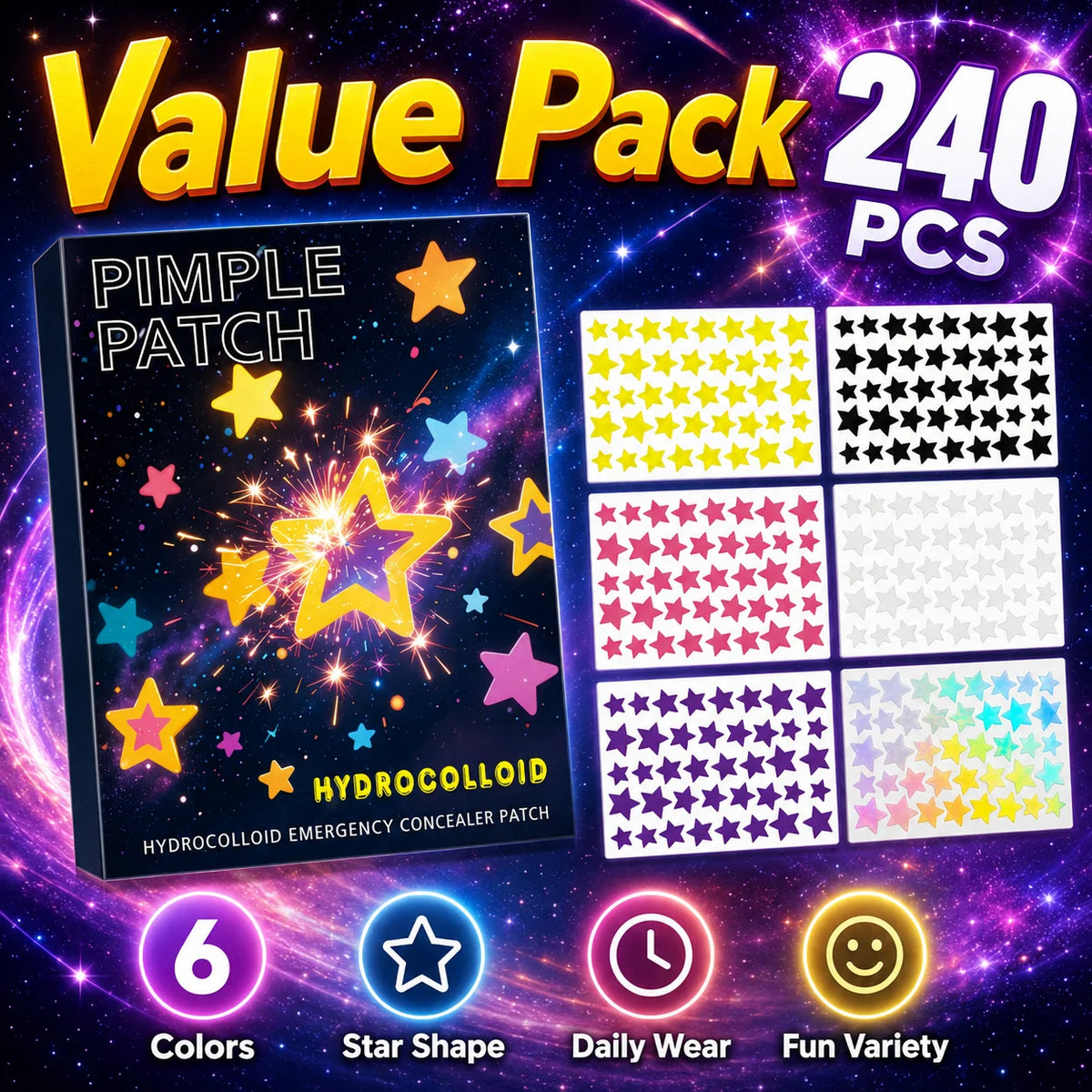 240pcs Star Pimple Patches For Face Hydrocolloid, Absorbing Cover, Tea Tree, Hydrocolloid Acne Patch, Cute Star Pimple Quake