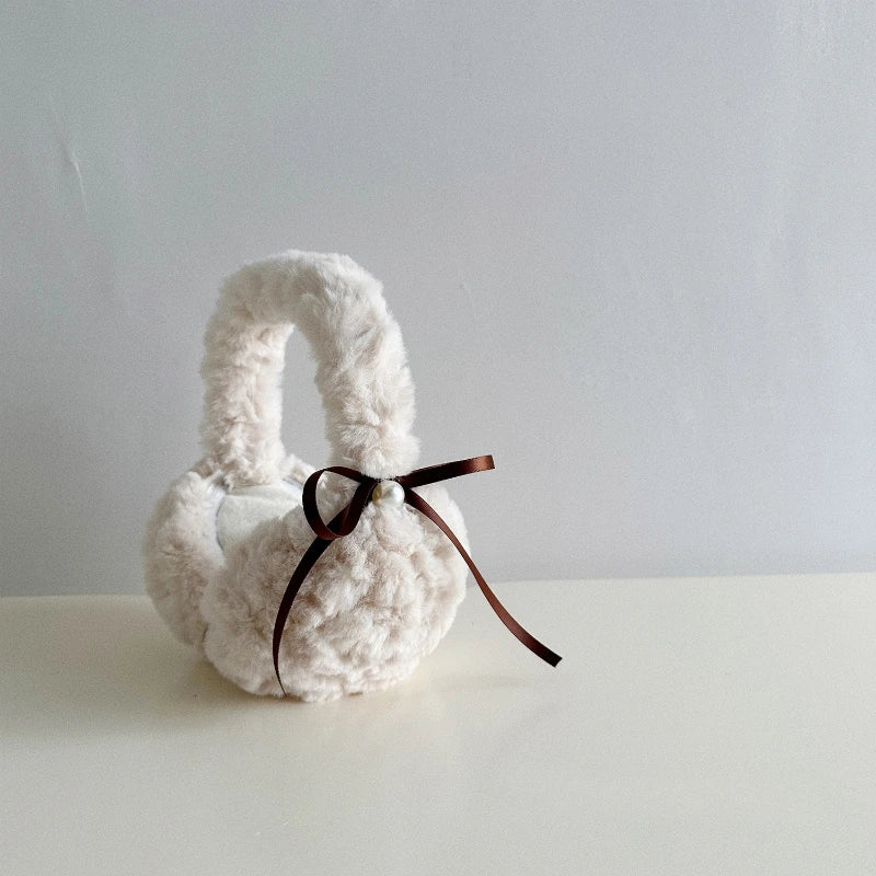 1pc Winter Warm Sun Pearl Bow Plush Earrings Female Students Windproof Ear Protection Warm Earrings Quake Beige